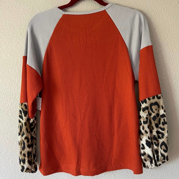 Leopard Color Block Long Balloon Sleeve Waffle Knit Knot Front Women's Top S - Picture 4 of 9
